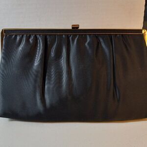 Vintage Mardane Black Satiny Fabric Gold Tone Metal Clutch Cottagecore